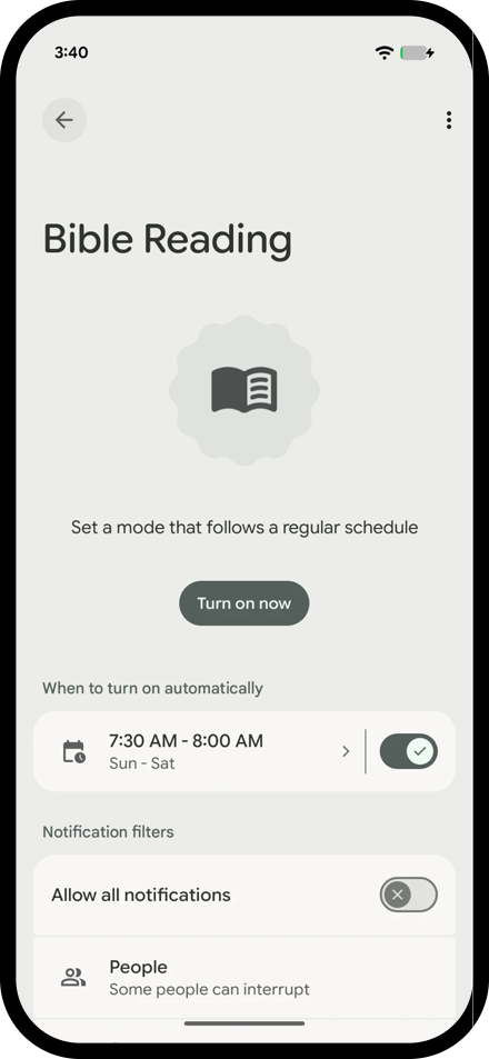 A Bible Reading mode on a Pixel scheduled from 7:30 AM to 8:00 AM every day