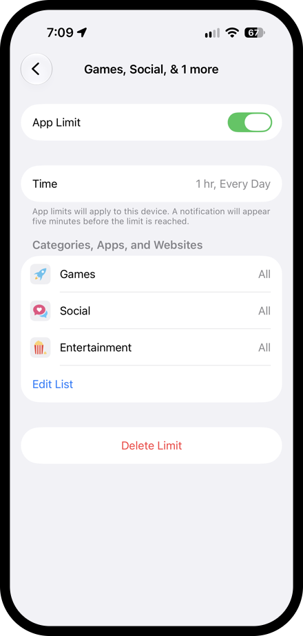 An iPhone App Limit of one hour per day for Games, Social, and Entertainment