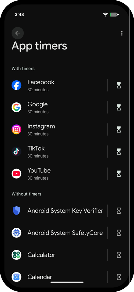 30-minute app timers on a Pixel next to a Focus schedule from 9:00 PM to 8:00 AM on weekdays that pauses social and video apps