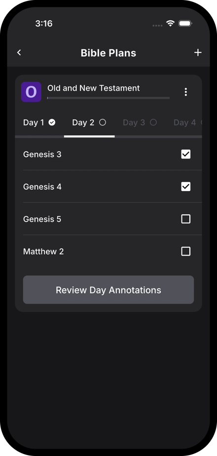 A Bible plan in Lux Bible showing Day 2 with Genesis 3 through 5 and Matthew 2