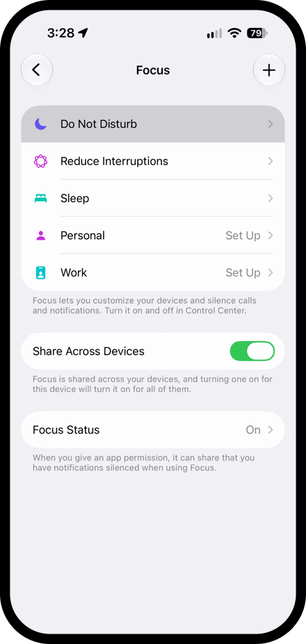 The iPhone Focus list and a Do Not Disturb schedule that turns on while using Lux Bible