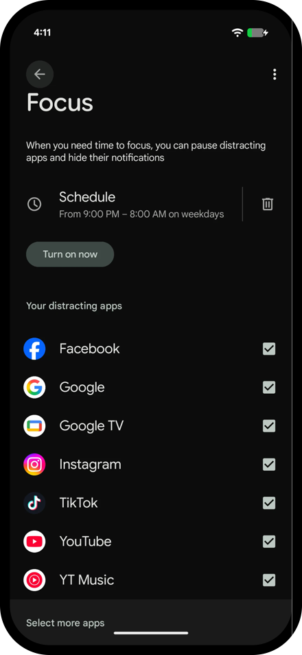 30-minute app timers on a Pixel next to a Focus schedule from 9:00 PM to 8:00 AM on weekdays that pauses social and video apps