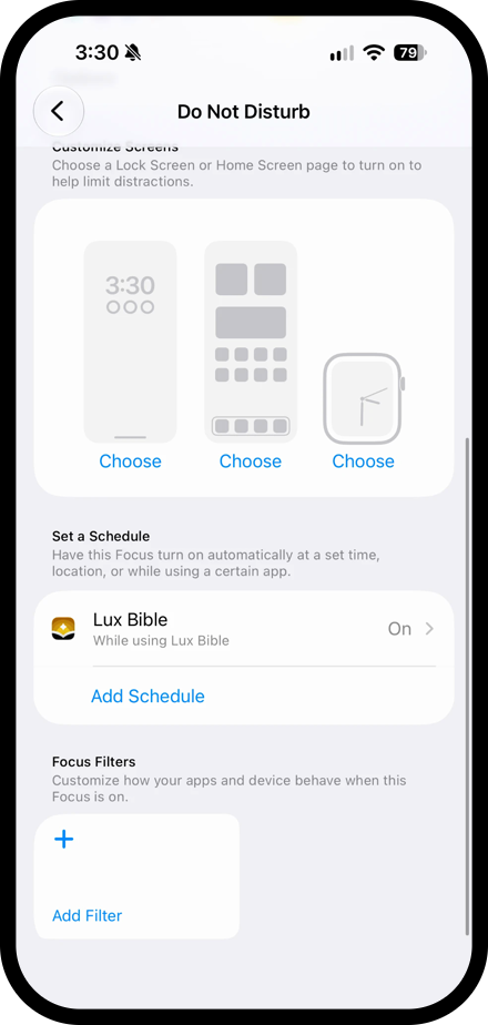 The iPhone Focus list and a Do Not Disturb schedule that turns on while using Lux Bible