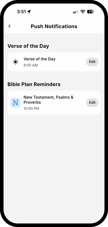 The Lux Bible Verse of the Day widget on an iPhone home screen and the Lux Push Notifications page