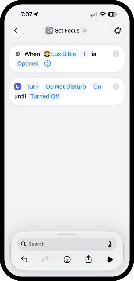 Shortcuts automations that turn Do Not Disturb on when Lux Bible opens and off when it closes