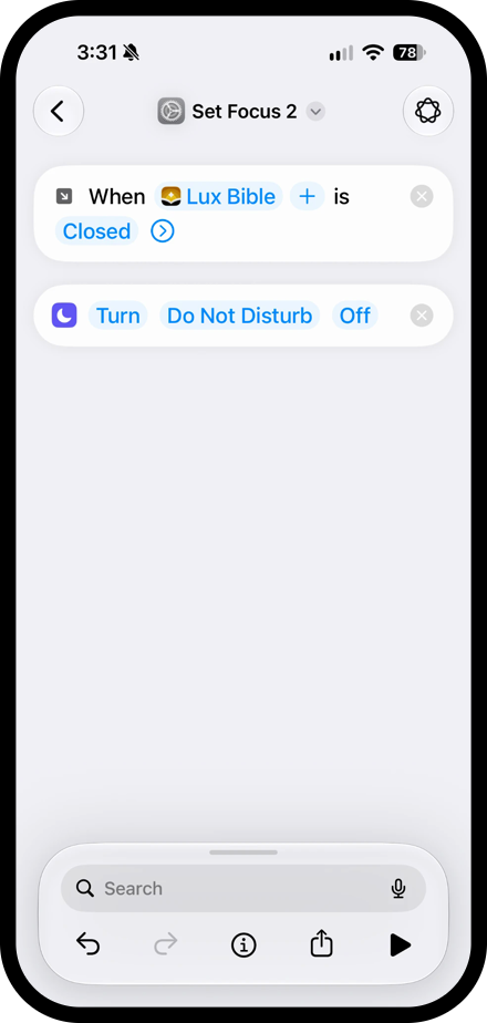 Shortcuts automations that turn Do Not Disturb on when Lux Bible opens and off when it closes