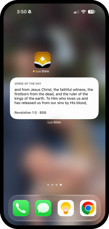 The Lux Bible Verse of the Day widget on an iPhone home screen and the Lux Push Notifications page